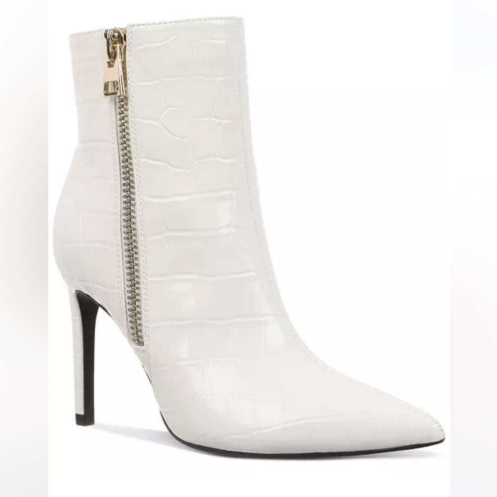 Elegant White Croc-Embossed Stiletto Ankle Boots